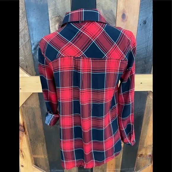 Love Notes red, white and blue plaid shirt with tab sleeves, size S - Picture 5 of 6